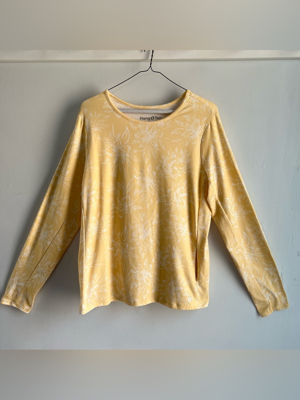 Hang Ten Women’s Size Large UPF 50+ Sun Shirt Yellow Floral Rash Guard w Pocket